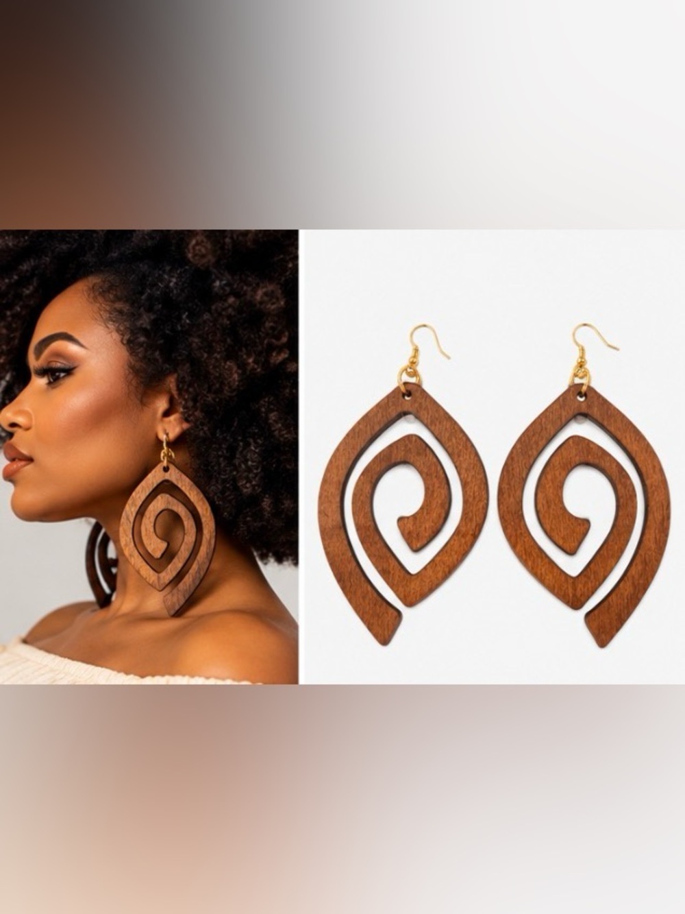 Handcrafted Brown Wood Spiral Drop Earrings